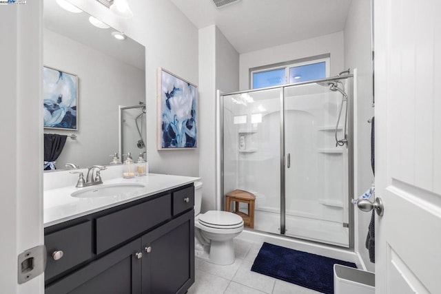 bathroom with tile patterned floors, walk in shower, toilet, and vanity