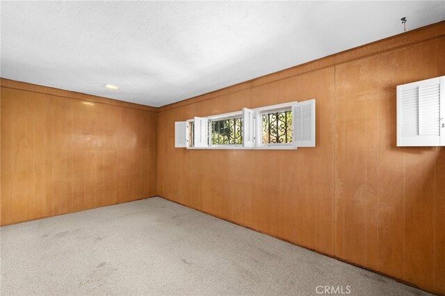 unfurnished room featuring light colored carpet and wood walls