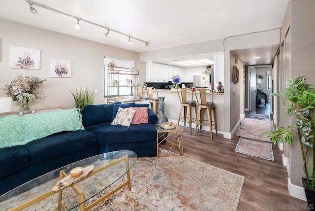 living room with dark hardwood / wood-style flooring