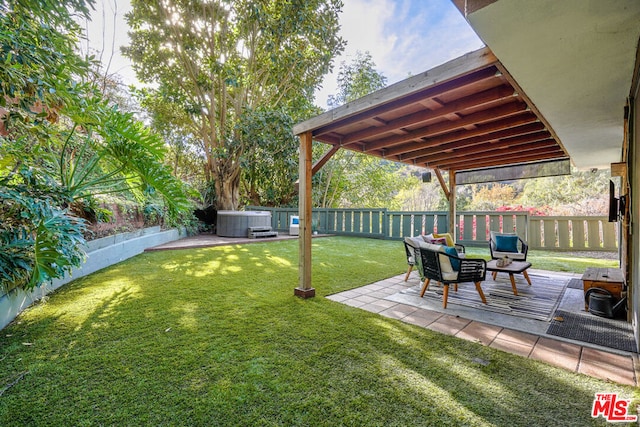 view of yard featuring an outdoor hangout area, central air condition unit, a hot tub, and a patio area