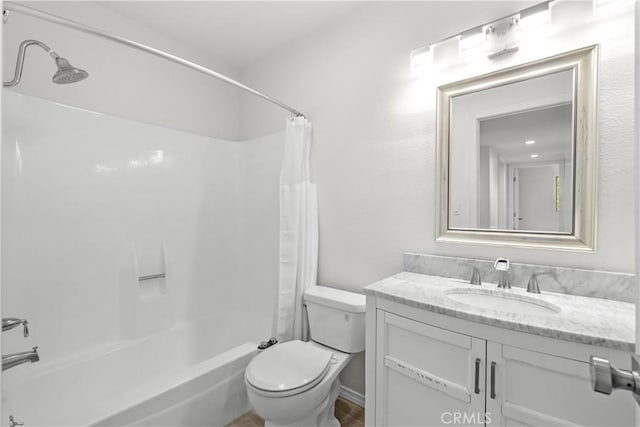 full bathroom with toilet, vanity, and shower / bathtub combination with curtain