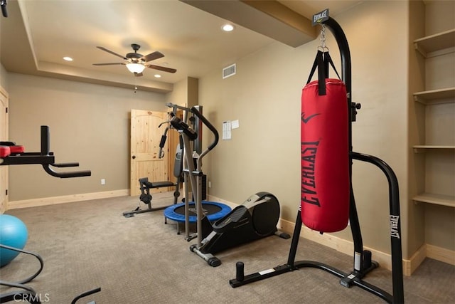 exercise area featuring recessed lighting, visible vents, and baseboards