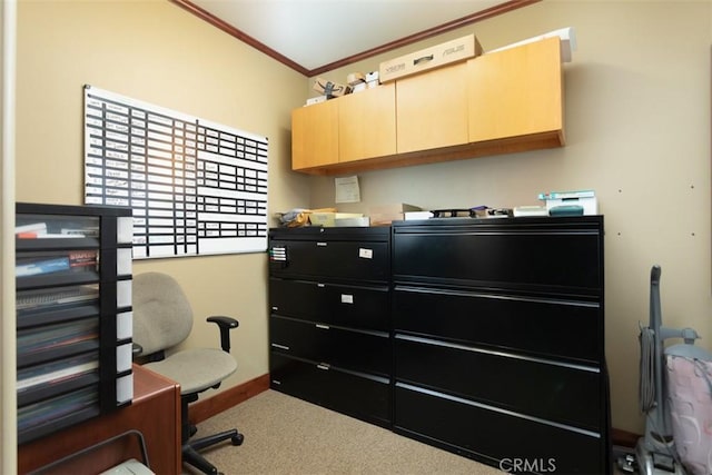 carpeted office with ornamental molding and baseboards