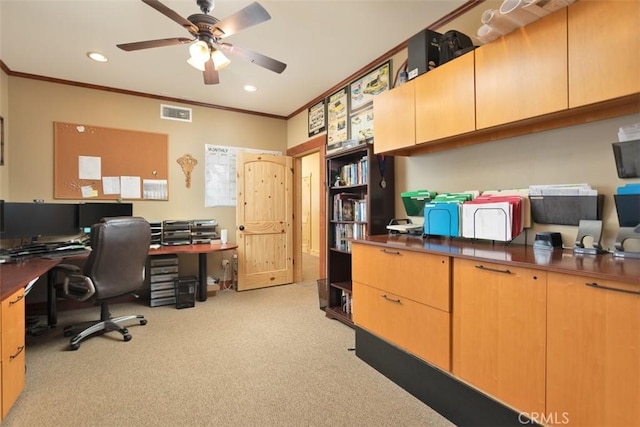 home office featuring light carpet, visible vents, ceiling fan, ornamental molding, and recessed lighting