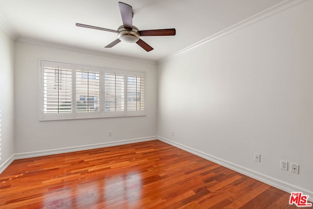 unfurnished room with ceiling fan, light hardwood / wood-style flooring, and ornamental molding