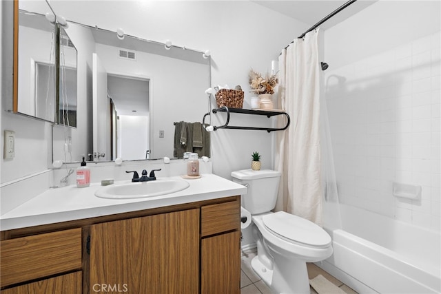 full bathroom with toilet, vanity, shower / tub combo with curtain, and tile patterned floors