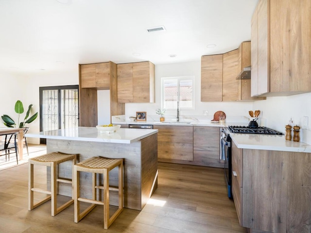 kitchen with high end stainless steel range, exhaust hood, sink, a breakfast bar, and light hardwood / wood-style flooring