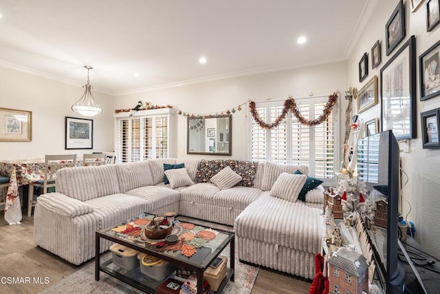 living room featuring ornamental molding and light hardwood / wood-style floors