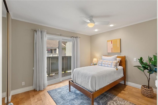 bedroom featuring ceiling fan, crown molding, light hardwood / wood-style flooring, and access to outside