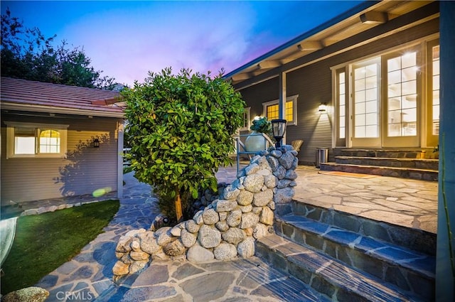 view of side of home featuring entry steps, a patio area, and french doors