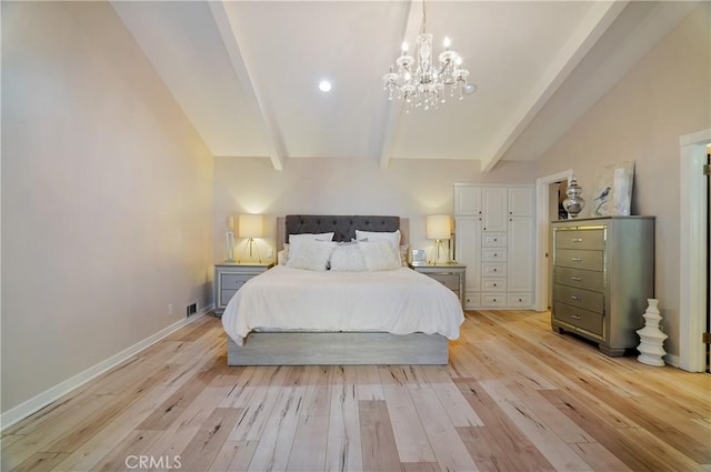 bedroom featuring vaulted ceiling with beams, recessed lighting, light wood-type flooring, and baseboards