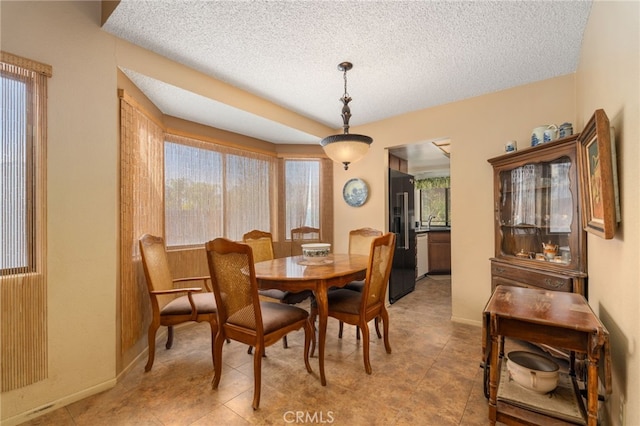 dining space with plenty of natural light, sink, and a textured ceiling