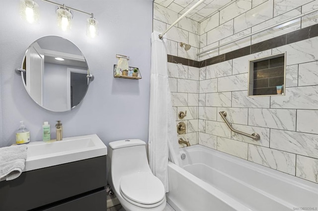 full bathroom with toilet, vanity, and shower / bath combination with curtain