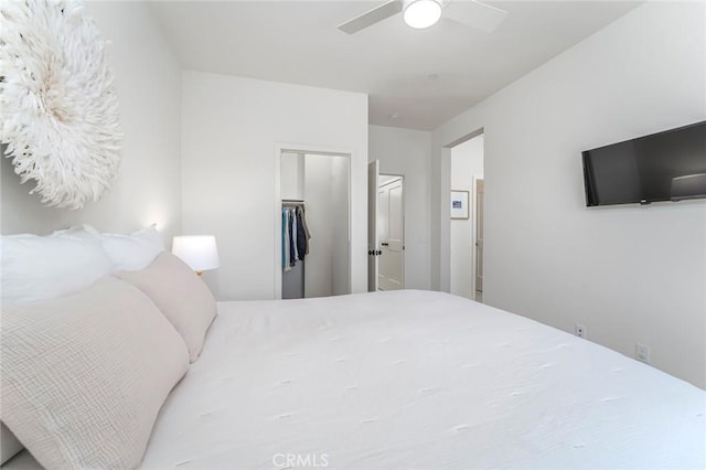 bedroom with ceiling fan, a closet, and a spacious closet