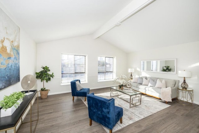 living room featuring wood-type flooring and vaulted ceiling with beams