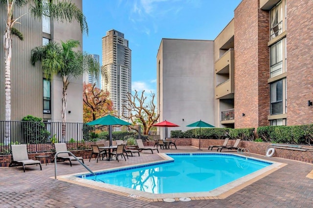 view of swimming pool with a patio