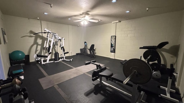 3776 Alabama St Unit 318, San Diego, CA 92104 - exercise area featuring a ceiling fan, concrete block wall, and recessed lighting