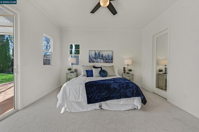 bedroom with light carpet, ceiling fan, access to exterior, and crown molding