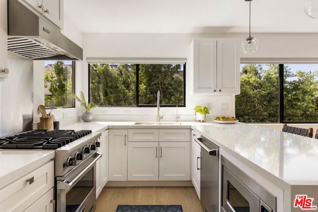 kitchen with white cabinetry, stainless steel appliances, sink, hanging light fixtures, and light wood-type flooring