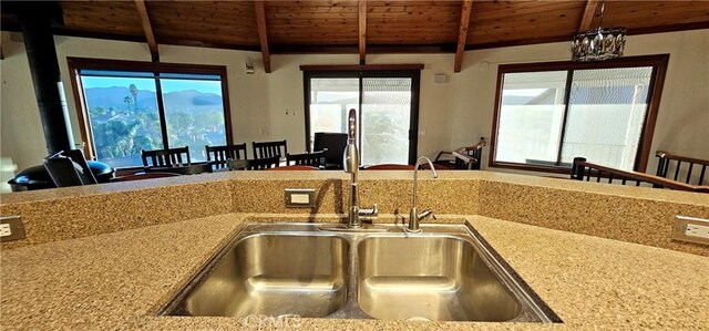 kitchen with wood ceiling, decorative light fixtures, sink, and lofted ceiling with beams