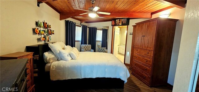 bedroom featuring connected bathroom, wooden ceiling, dark hardwood / wood-style flooring, beamed ceiling, and ceiling fan