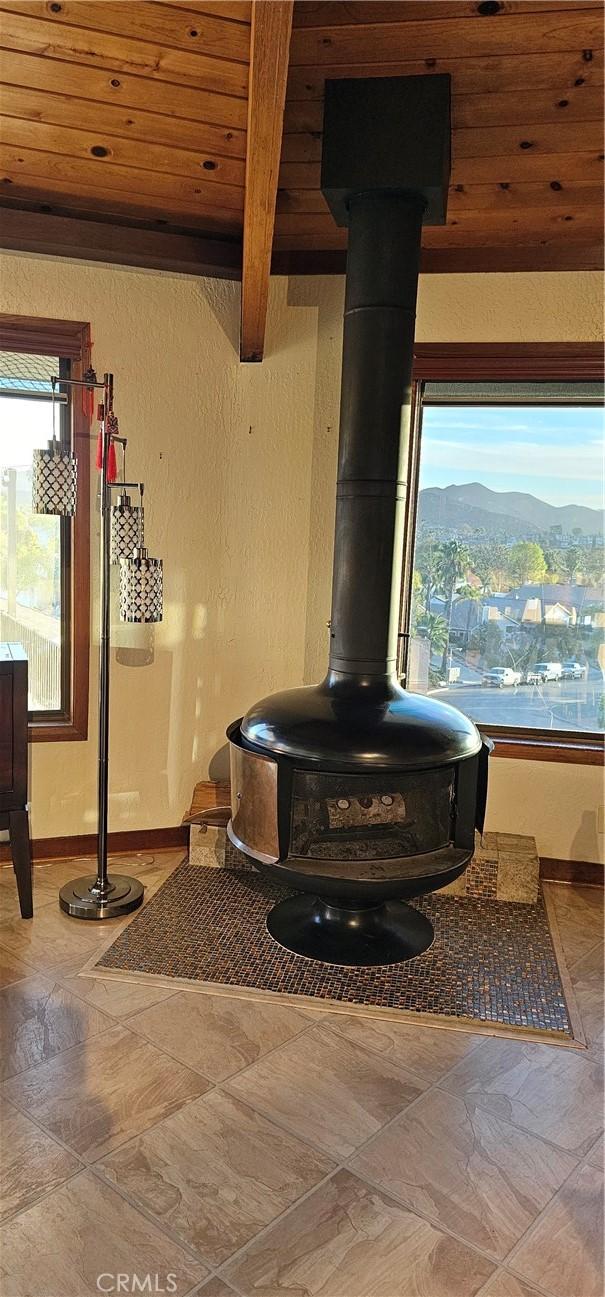 details featuring a mountain view, a wood stove, wooden ceiling, and beam ceiling