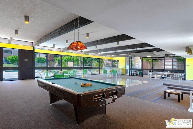 game room featuring a textured ceiling, billiards, beamed ceiling, and carpet flooring