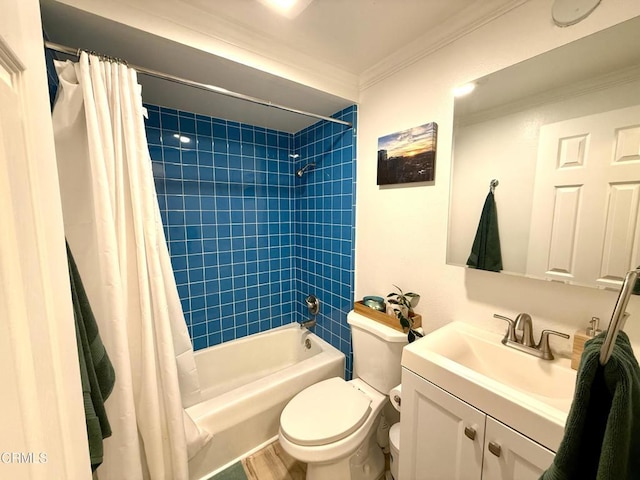 full bathroom with toilet, ornamental molding, vanity, and shower / bath combo with shower curtain