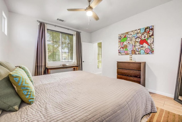 bedroom with ceiling fan and light hardwood / wood-style flooring