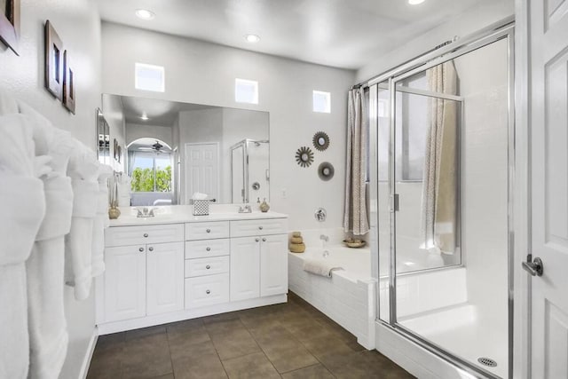 bathroom with ceiling fan, vanity, separate shower and tub, and tile patterned flooring