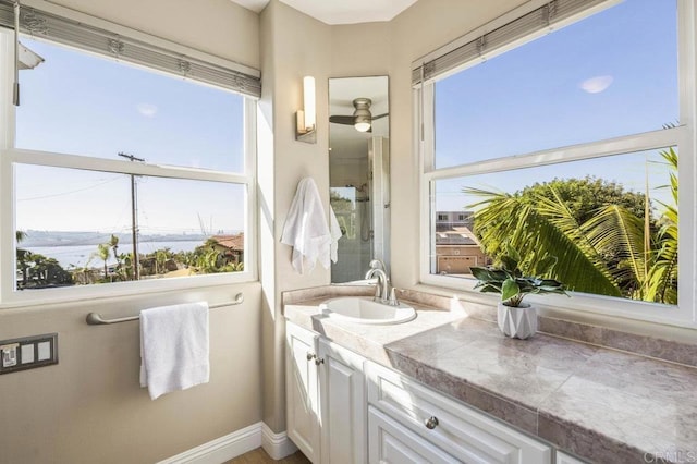 bathroom with plenty of natural light, vanity, and a water view