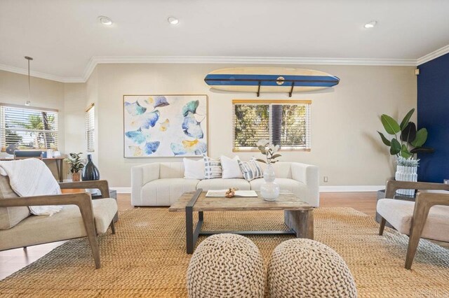 living room with crown molding, light hardwood / wood-style flooring, and plenty of natural light