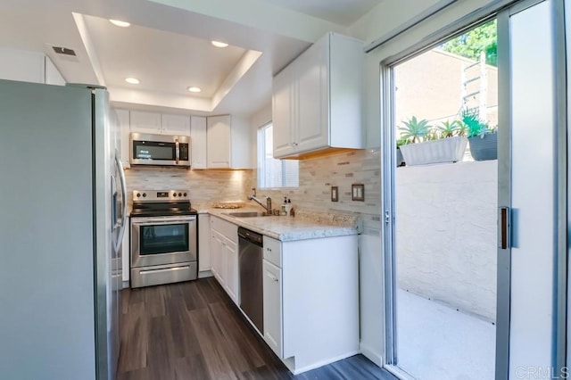 kitchen with stainless steel appliances, a raised ceiling, dark wood-type flooring, white cabinets, and sink