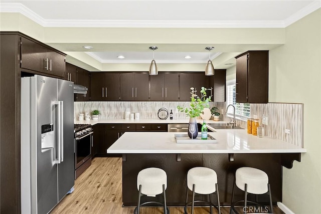 kitchen with decorative light fixtures, light hardwood / wood-style floors, sink, ornamental molding, and high quality appliances