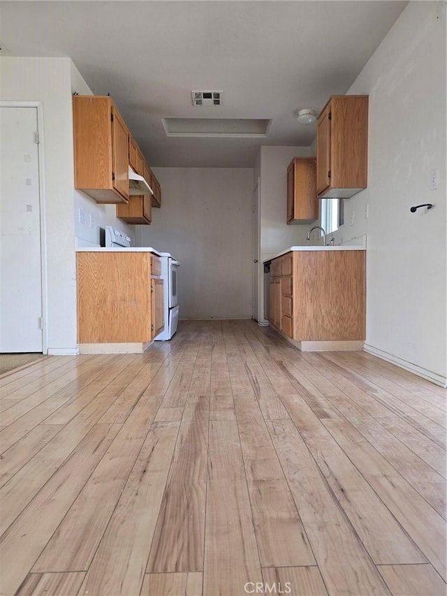 kitchen with electric range and light hardwood / wood-style flooring