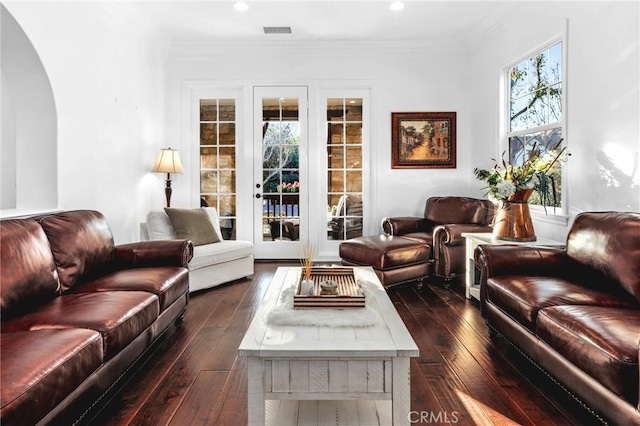 living room featuring french doors, dark hardwood / wood-style floors, and plenty of natural light