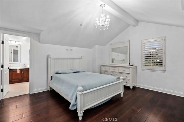 bedroom featuring ensuite bathroom, dark hardwood / wood-style floors, lofted ceiling with beams, and a notable chandelier