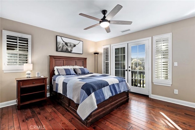 bedroom featuring ceiling fan, dark hardwood / wood-style floors, access to outside, and french doors