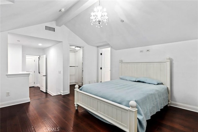 bedroom featuring dark wood-type flooring, ensuite bathroom, a chandelier, and lofted ceiling with beams