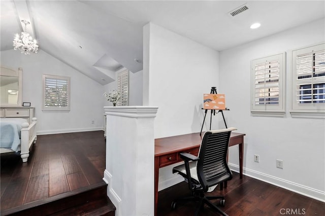 office featuring dark hardwood / wood-style flooring, lofted ceiling, and an inviting chandelier