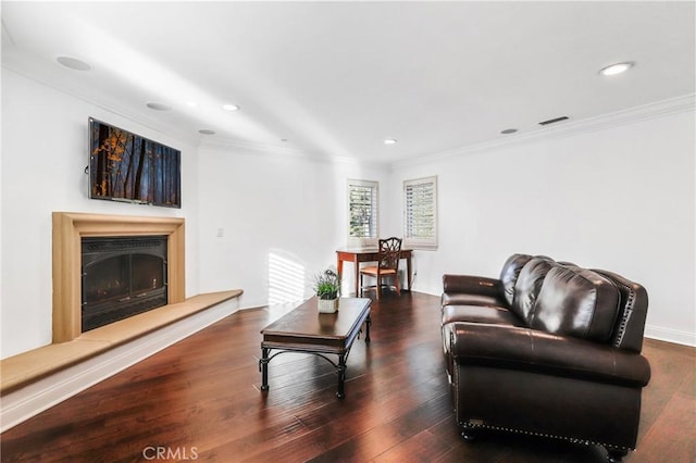 living room featuring dark hardwood / wood-style floors and ornamental molding