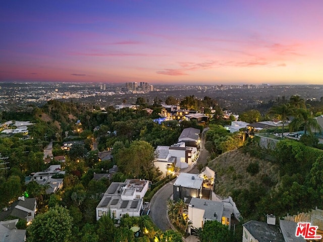 view of aerial view at dusk