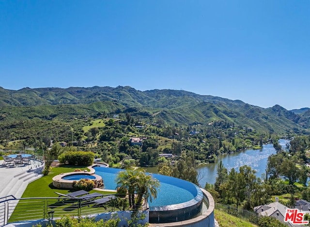 bird's eye view featuring a water and mountain view