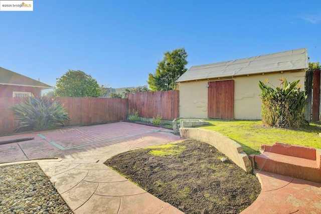 view of yard featuring a patio area and a storage unit