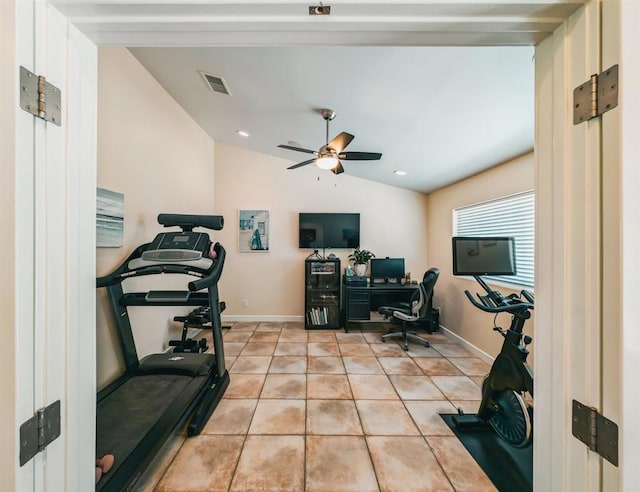 office featuring light tile patterned flooring, ceiling fan, and vaulted ceiling