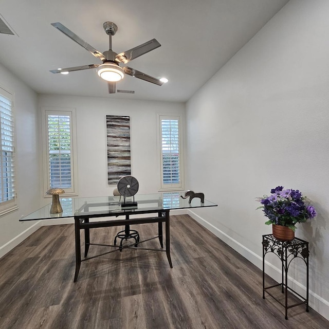 office area featuring ceiling fan and dark wood-type flooring