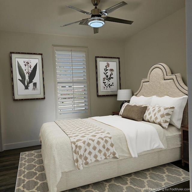 bedroom featuring ceiling fan and dark wood-type flooring