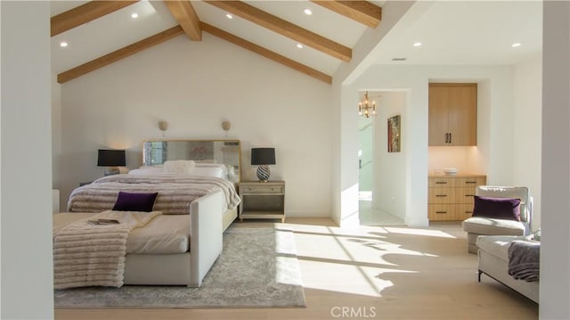 bedroom featuring beam ceiling, an inviting chandelier, and high vaulted ceiling