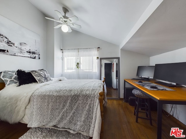 bedroom with lofted ceiling, dark hardwood / wood-style flooring, and ceiling fan