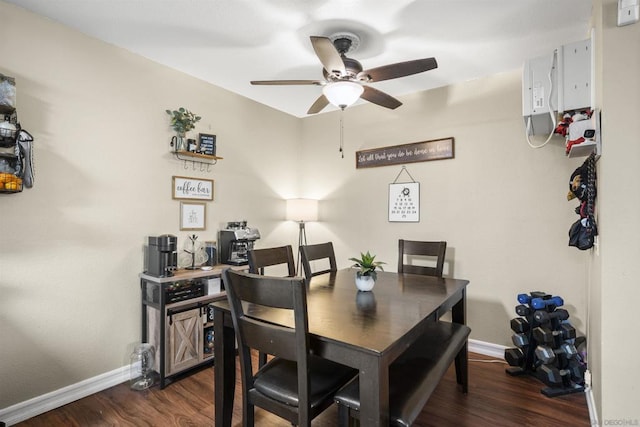 dining room featuring ceiling fan and dark hardwood / wood-style flooring